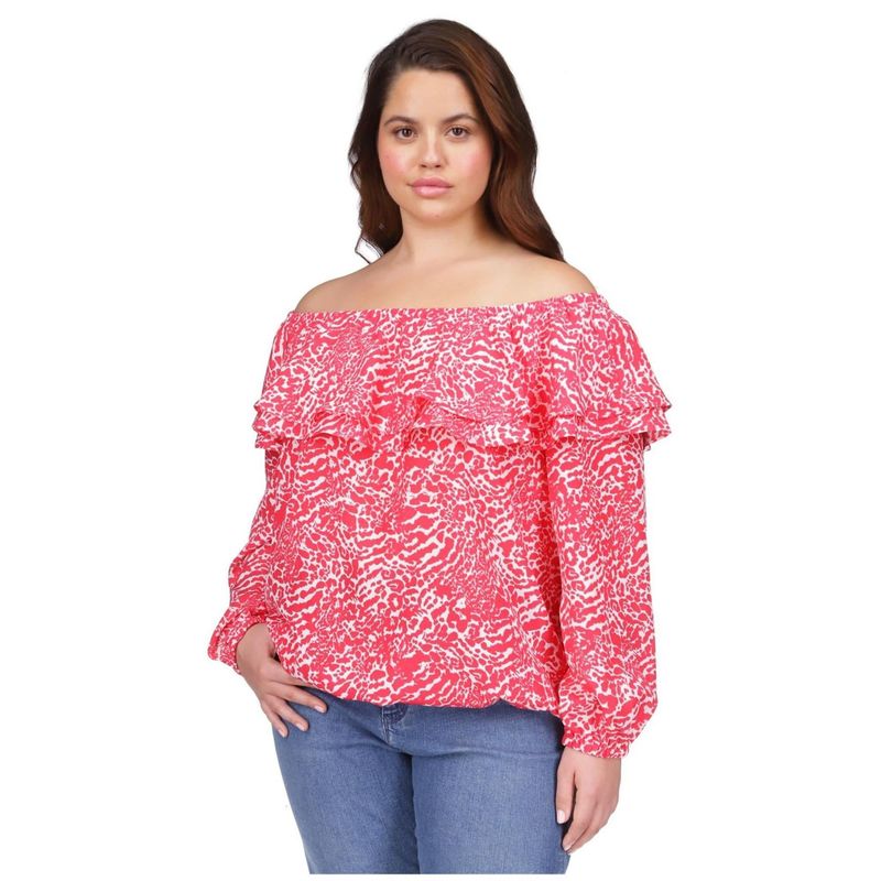 Michael Kors Womens Animal Print Off the Shoulder Blouse, White, Plus Size, 3X