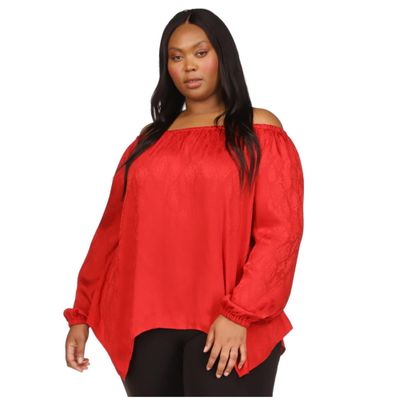 Michael Kors Womens Jacquard Handkerchief Off the Shoulder Blouse, Red, Plus Size, 1X