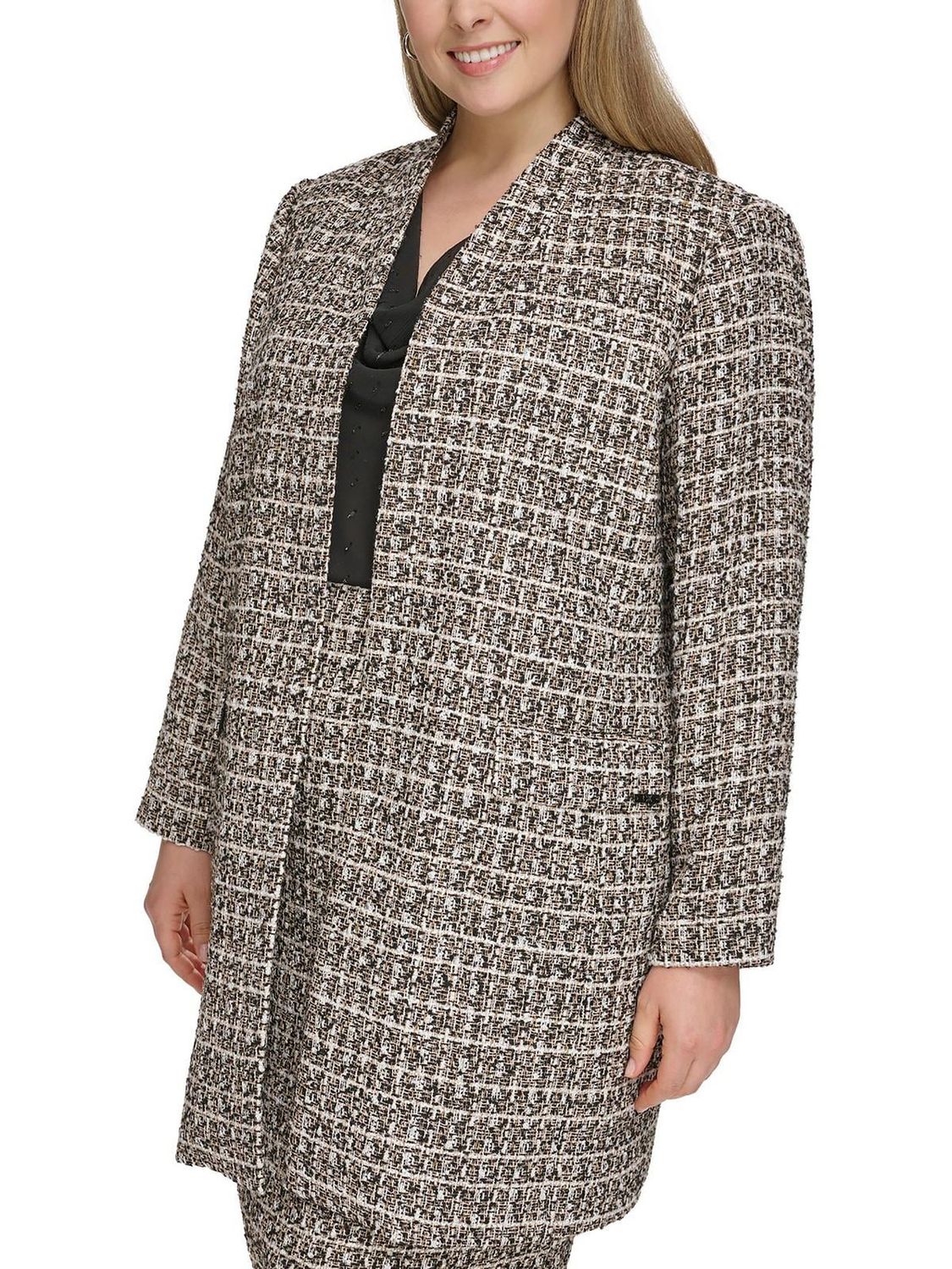 Calvin Klein Womens Plus Tweed Open Front Duster Blazer