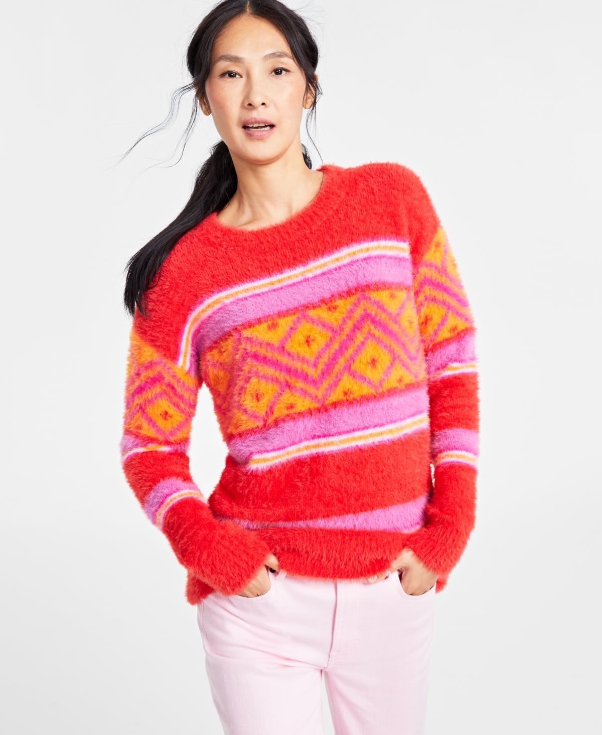 Holiday Lane Women&#39;s Fair Isle Long-Sleeve Sweater, - Bright Ruby Combo