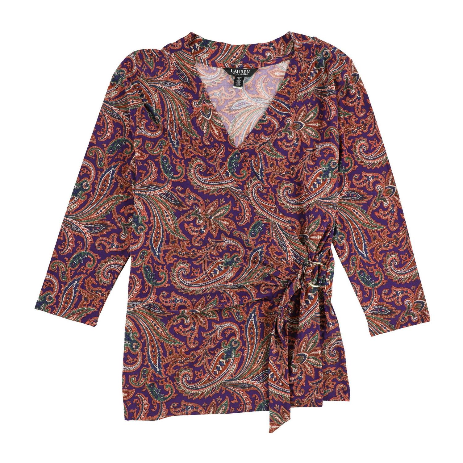 Ralph Lauren Womens Paisley Faux Wrap Pullover Blouse, Multicoloured, Plus Size, 1X
