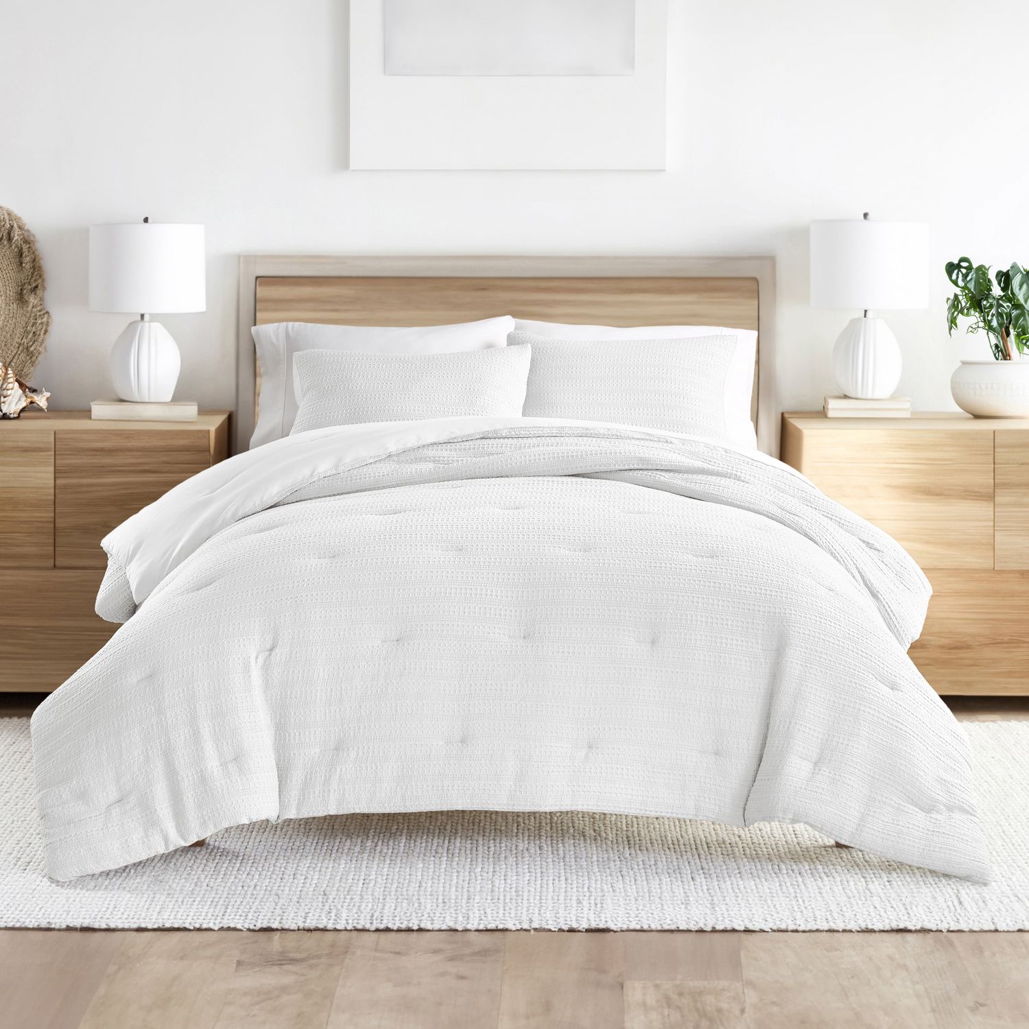 Noble Linens 2 Piece White Waffle Textured All Season Down-Alternative Comforter Set, Twin/Twin XL