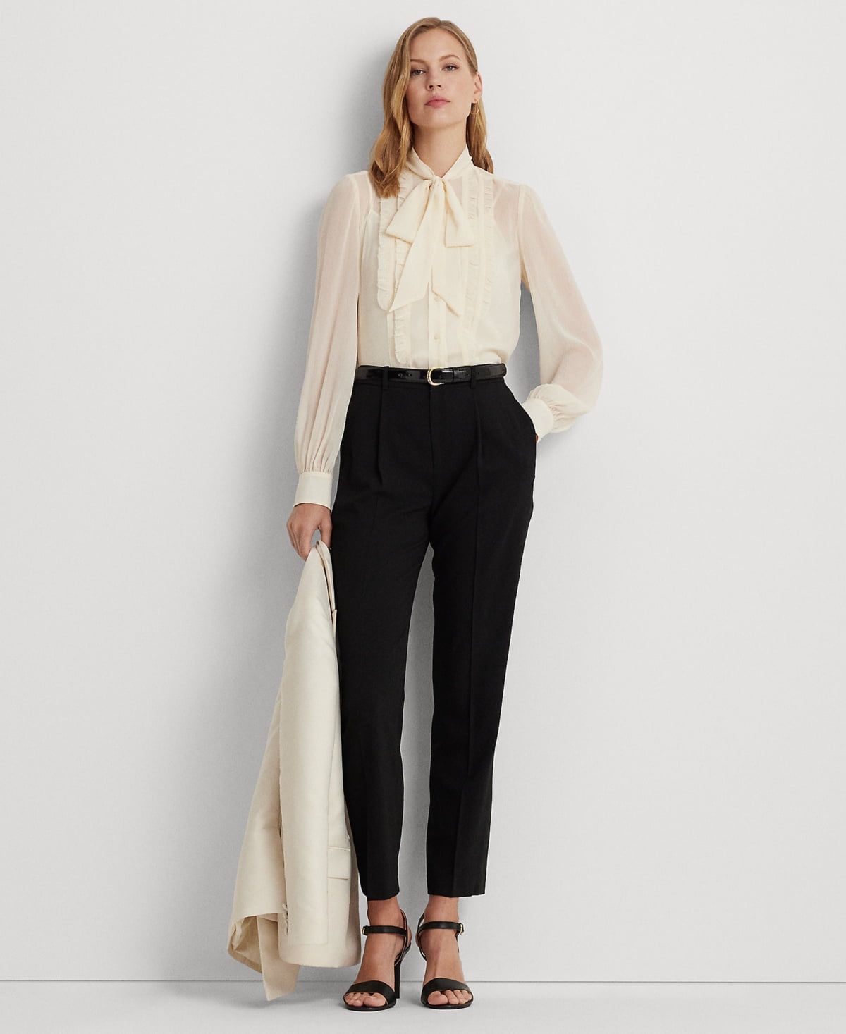 Lauren Ralph Lauren Women&#39;s Ruffle-Trim Georgette Tie-Neck Shirt - Mascarpone