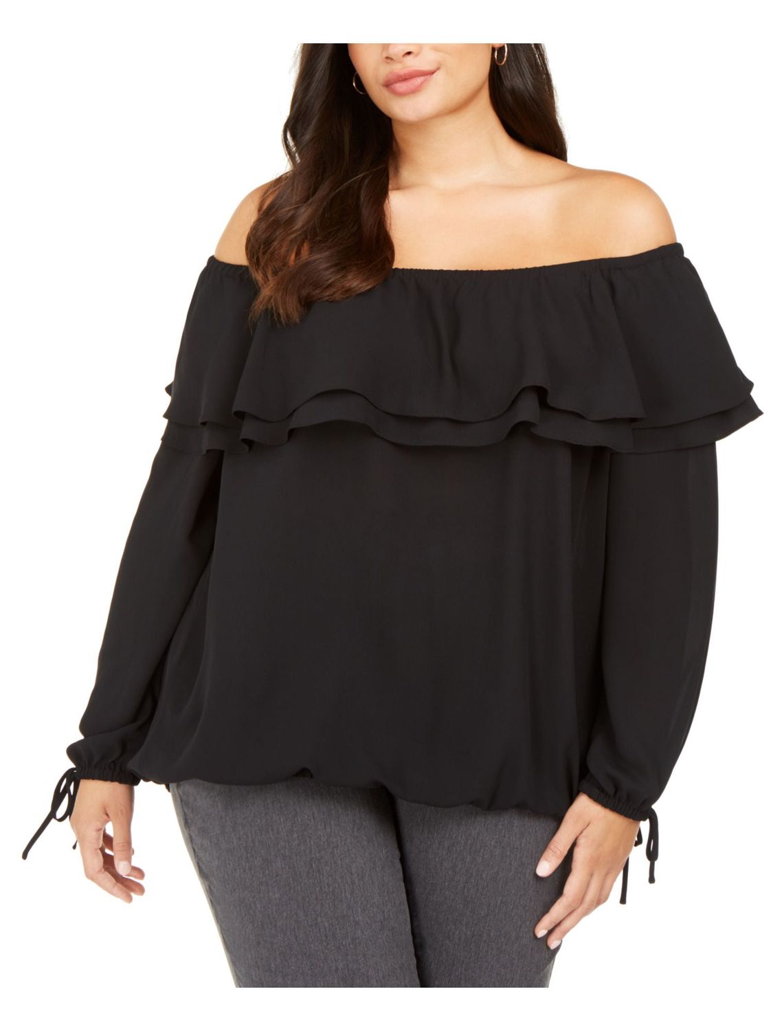 MICHAEL MICHAEL KORS Womens Black Ruffled Tie Elastic Cuffs Long Sleeve Off Shoulder Party Top Plus 1X