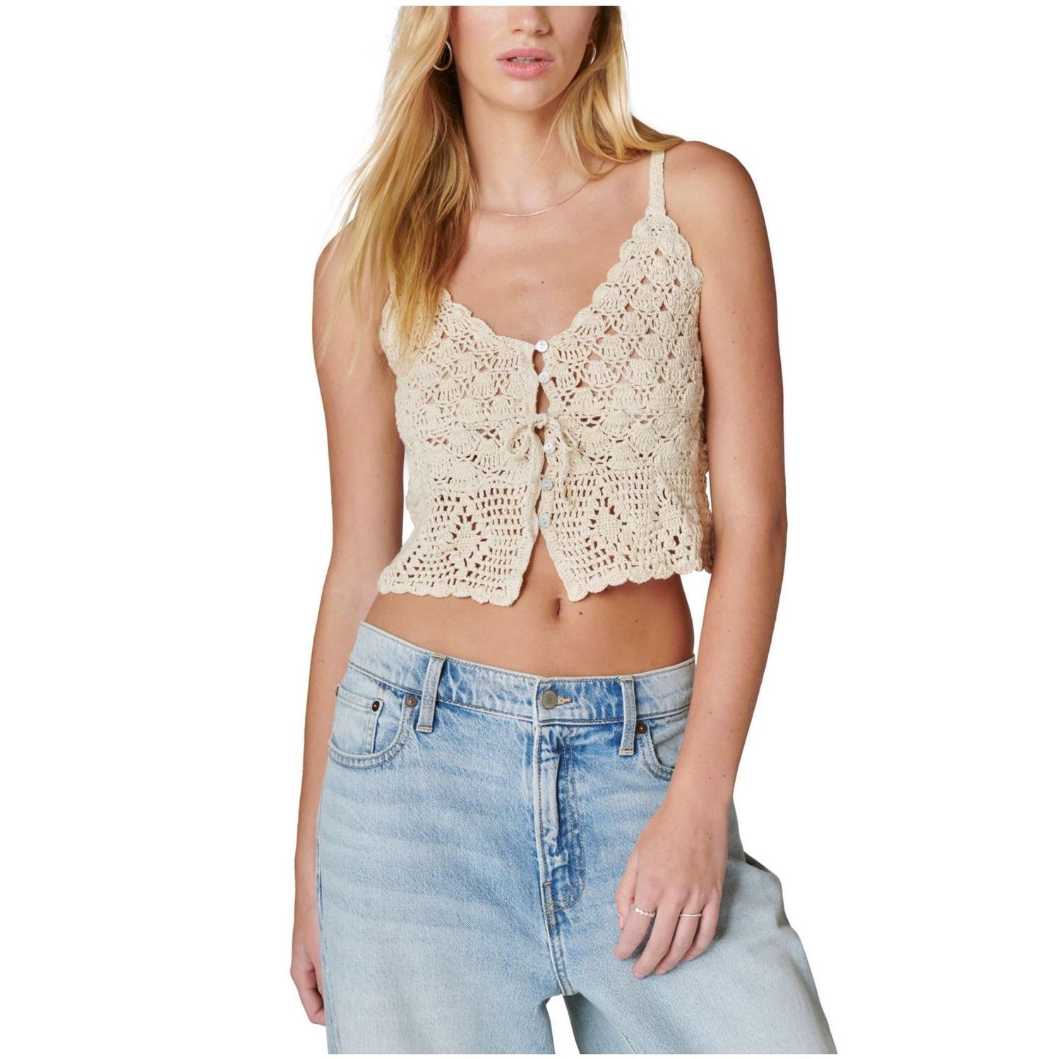 Lucky Brand Womens Cotton Crochet Halter Top Shirt, Beige, Medium