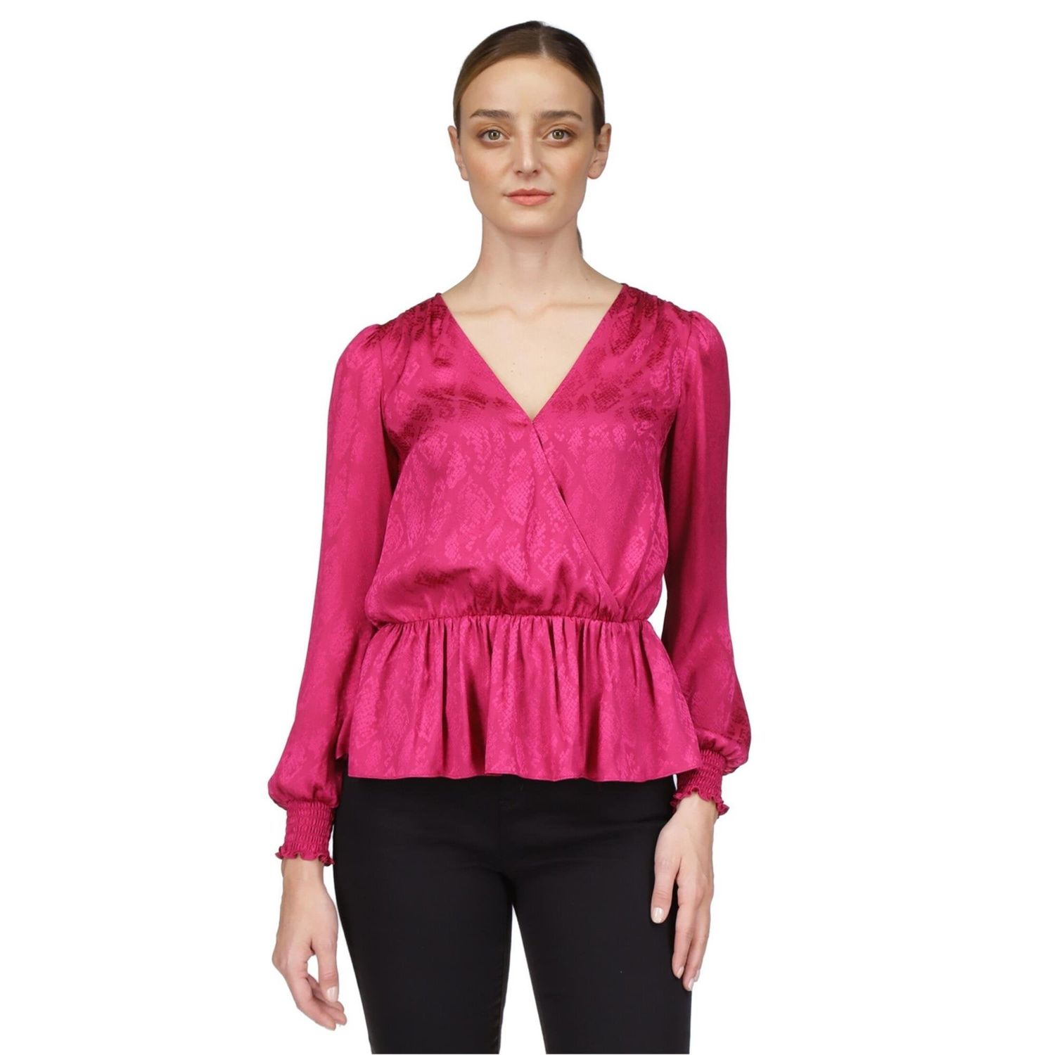 Michael Michael Kors Women&#39;s Jacquard-Print Faux-Wrap Peplum Top, Regular &amp;