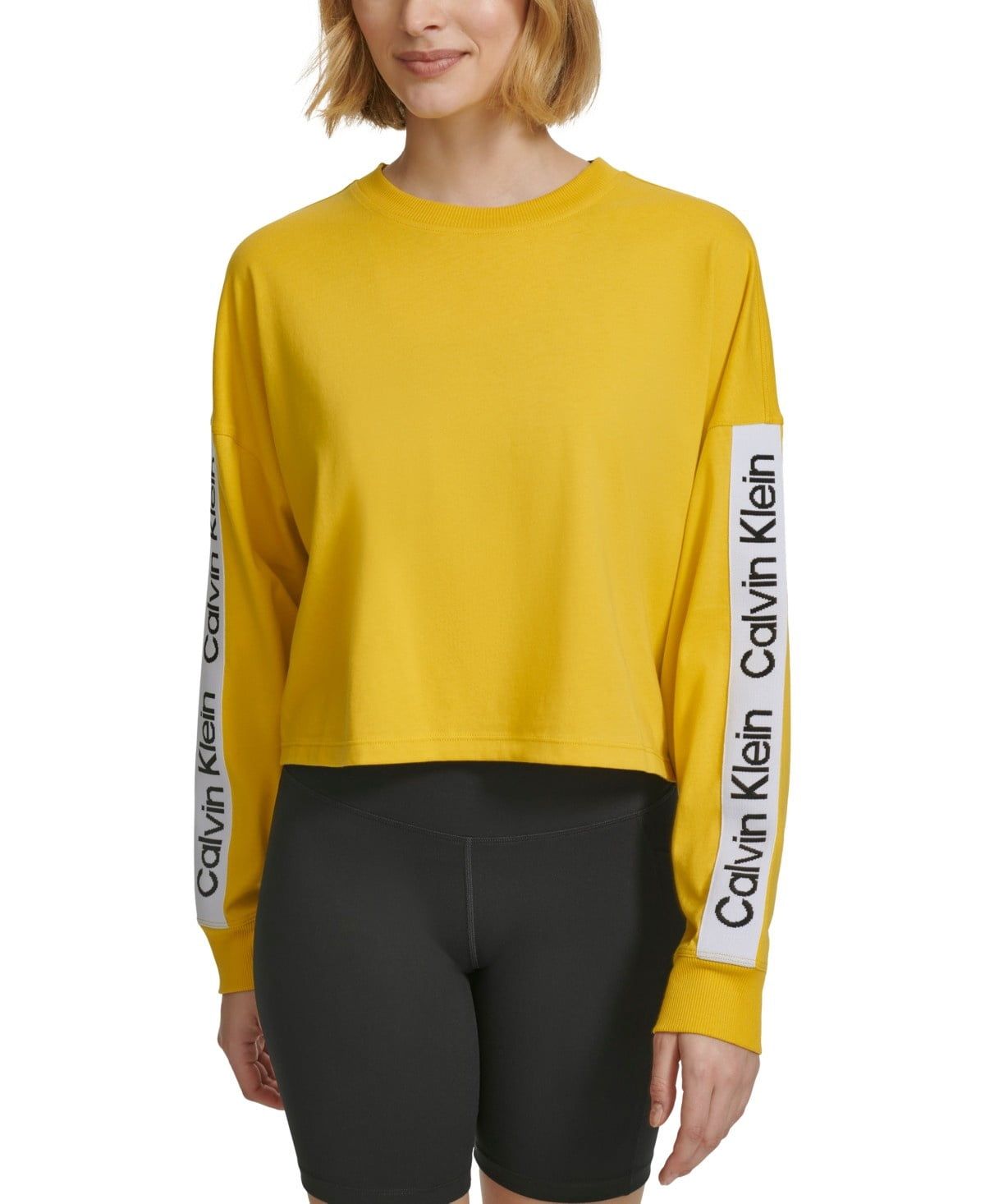 Calvin Klein Performance Women&#39;s Cotton Logo-Stripe Long-Sleeve T-Shirt - Chartreuse