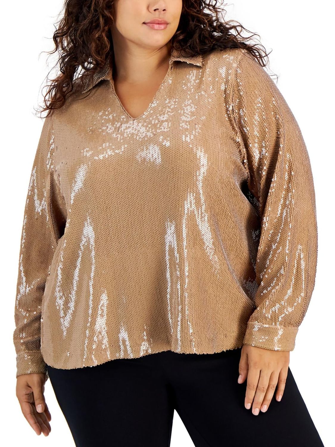Calvin Klein Womens Plus Sequined Collared Blouse