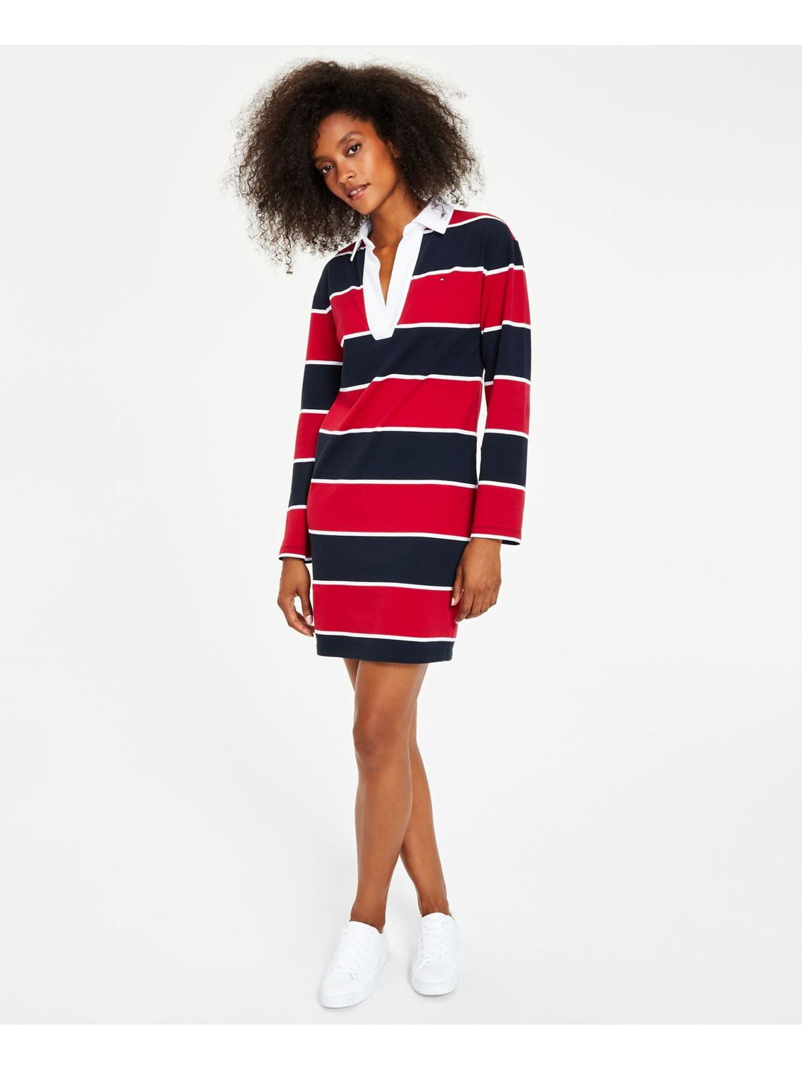TOMMY HILFIGER Womens Navy Striped Long Sleeve Collared Short Dress S
