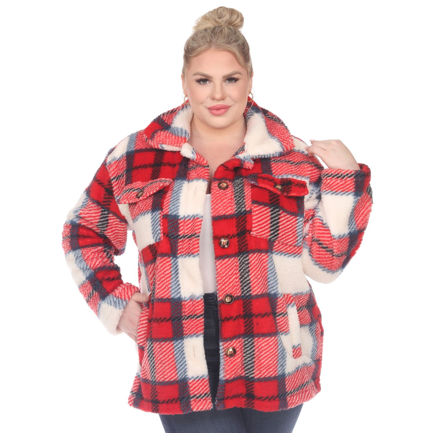 White Mark Plus Size Plaid Shacket - Red - 3X