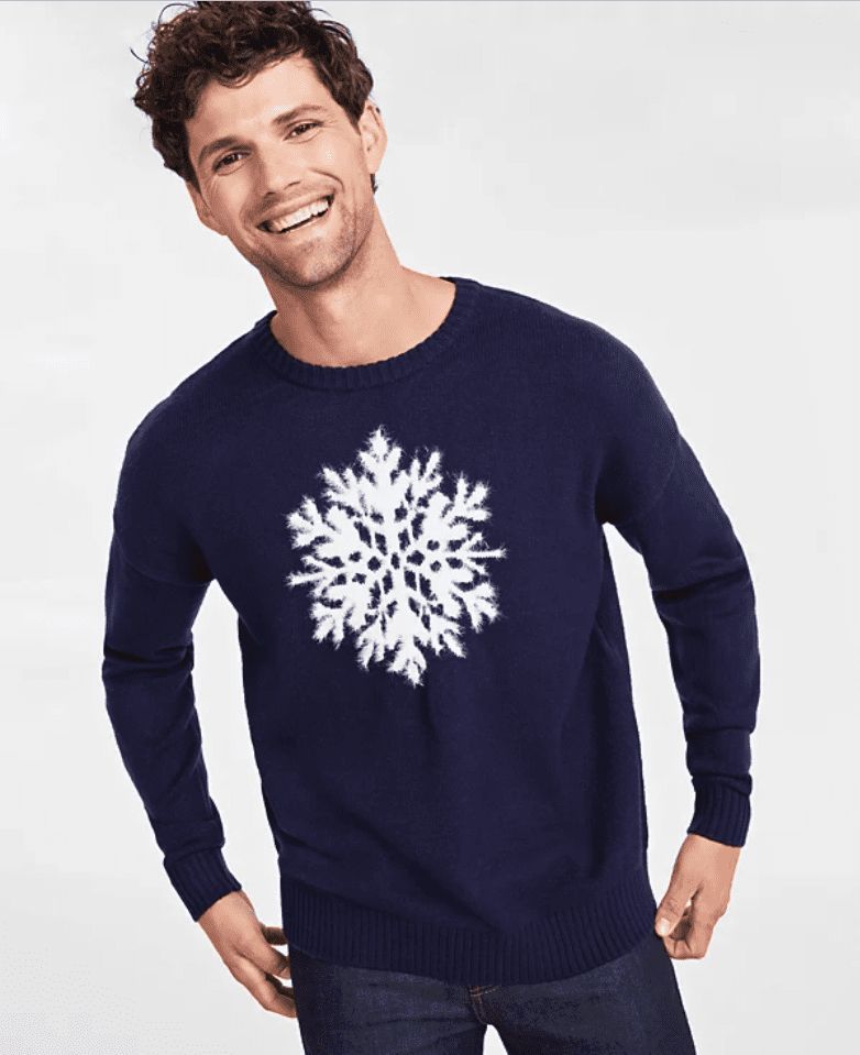 Holiday Lane Men&#39;s Snowflake Crewneck Sweater, Created for Macy&#39;s - Intrepid Blue Combo