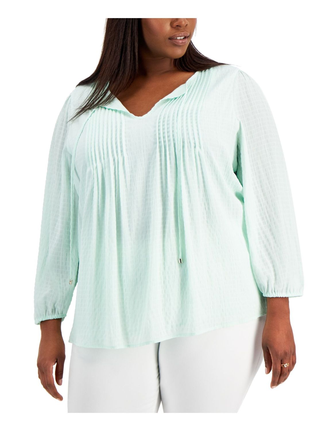 TOMMY HILFIGER Womens Green Tie Pintucked Front Lined Long Sleeve Split Top Plus 2X