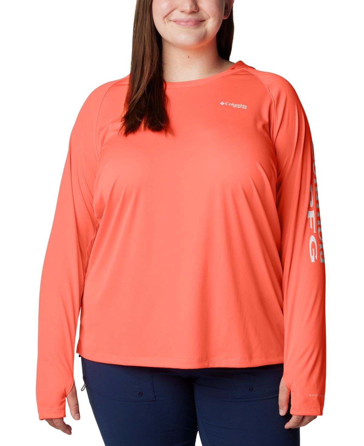 Columbia Plus Size Pfg Hoodie Tidal Tee Active Top - Coral Glow, White Logo