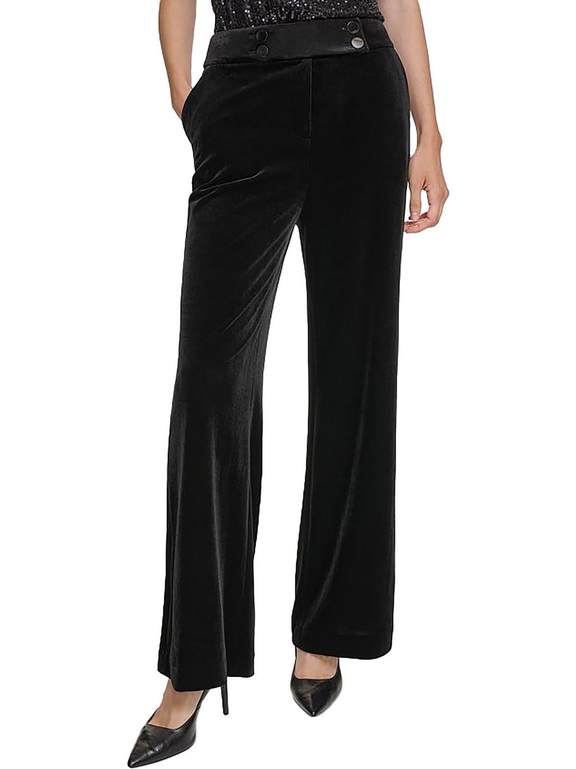 Calvin Klein Womens Petites Whitney Velvet High-Rise Wide Leg Pants