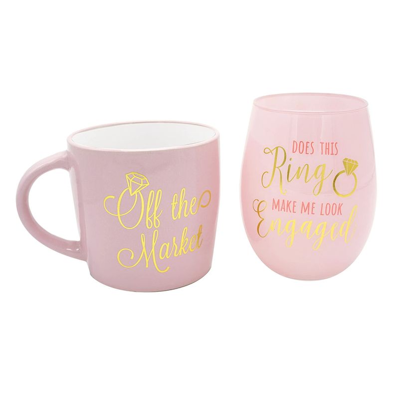 Tmd Holdings Off the Market Mug and Does This Ring Make Me Look Engaged Wine Glass Set, 2 Pieces - Light or Pastel Pink