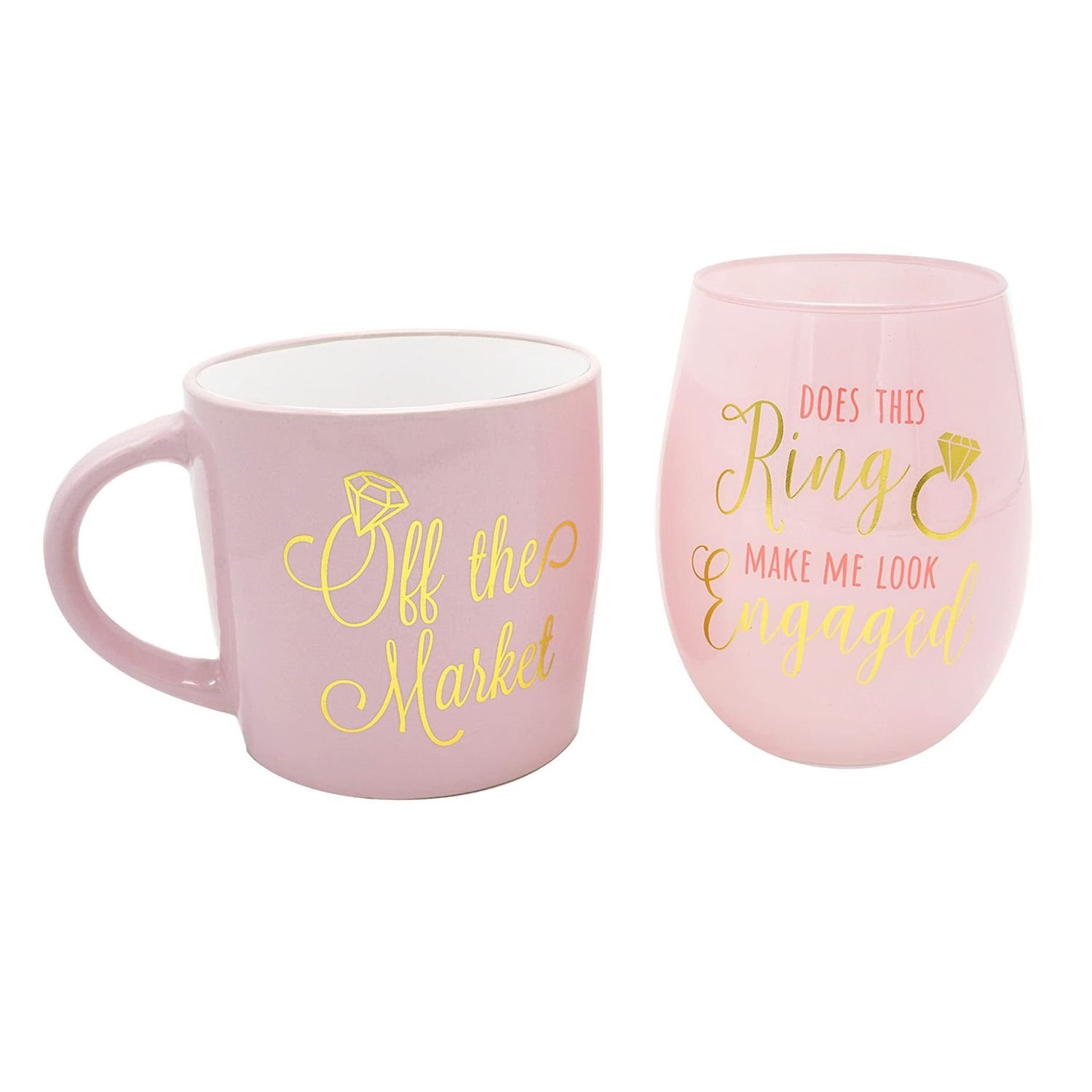 Tmd Holdings Off the Market Mug and Does This Ring Make Me Look Engaged Wine Glass Set, 2 Pieces - Light or Pastel Pink