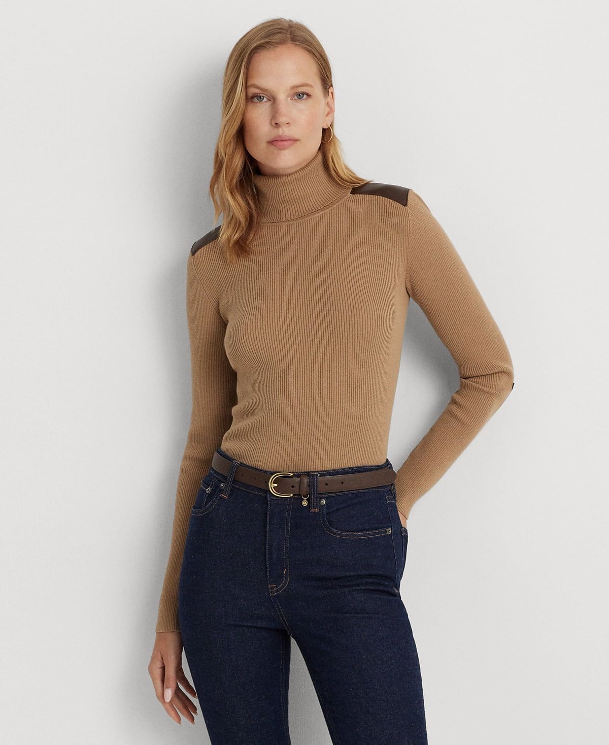 LAUREN Ralph Lauren Faux Leather-Trim Ribbed Turtleneck (Classic Camel) Women&#39;s