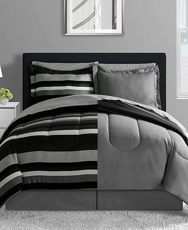 Austin Stripe/Solid Reversible 8 Pc. Comforter Set, - Black