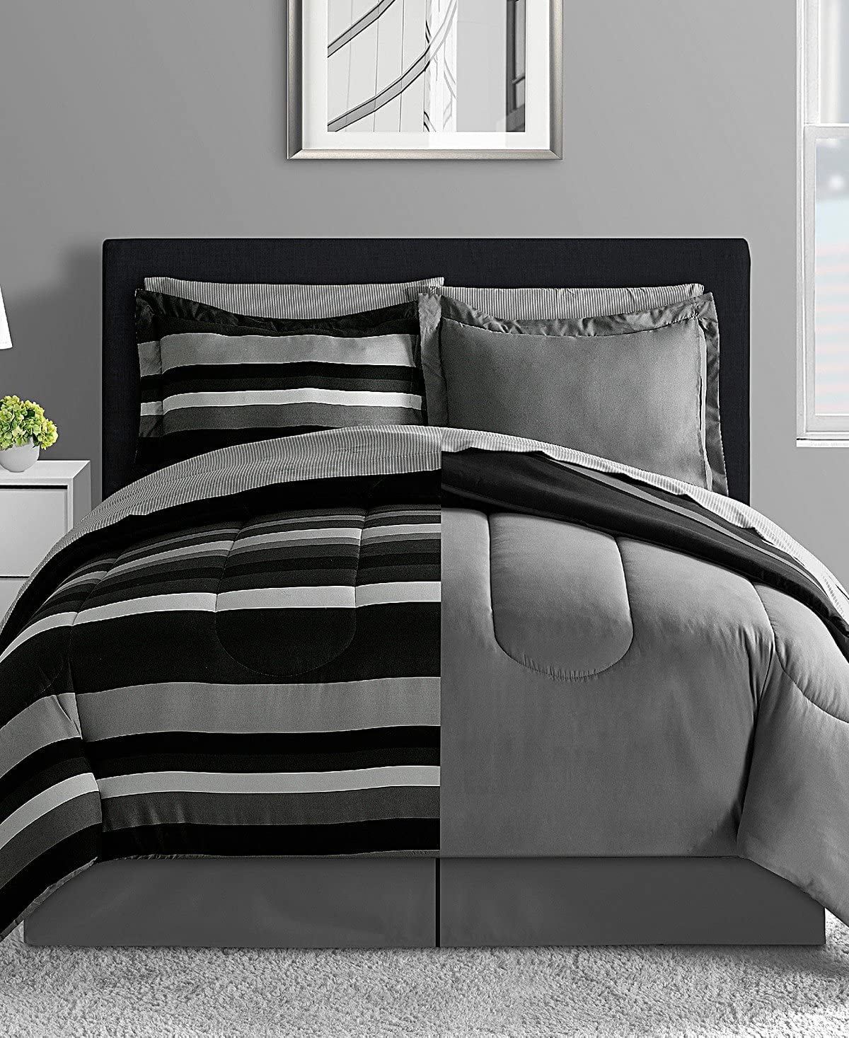 Austin Stripe/Solid Reversible 8 Pc. Comforter Set, - Black