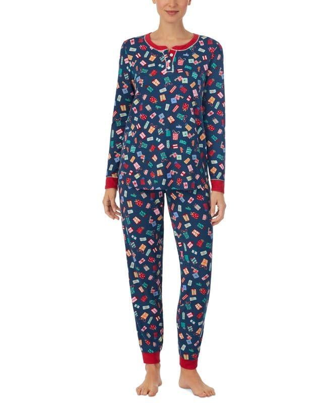 Cuddl Duds Women&#39;s 2-Pc. Brushed Sweater Knit Printed Jogger Pajamas Set Blue Multi, X-Large