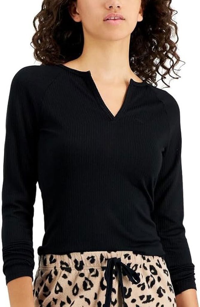 Jenni Women’s Split-Neck Pajama Top (Deep Black, X-Large)