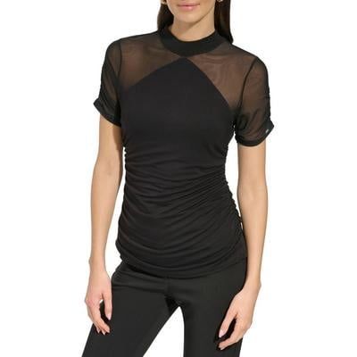 Dkny Women&#39;s Mesh-Sleeve Mock Neck Top - Black