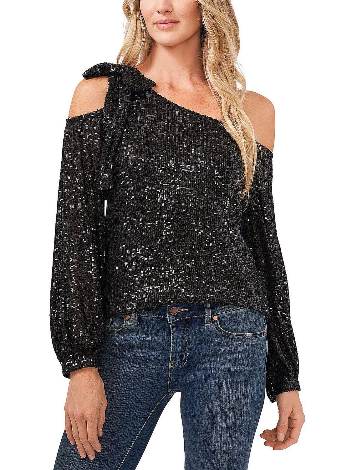 CeCe Womens Sequined One Shoulder Blouse