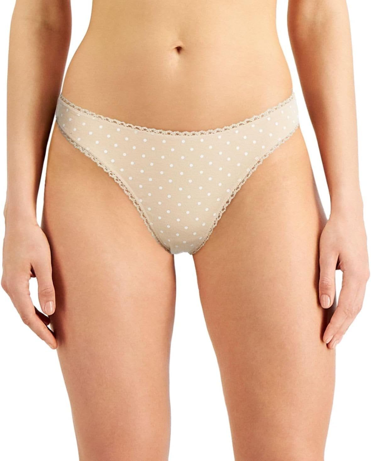 Charter Club Everyday Cotton Women&#39;s Lace-Trim Thong US, Alpha, Medium, Regular, Regular, Almond Latte