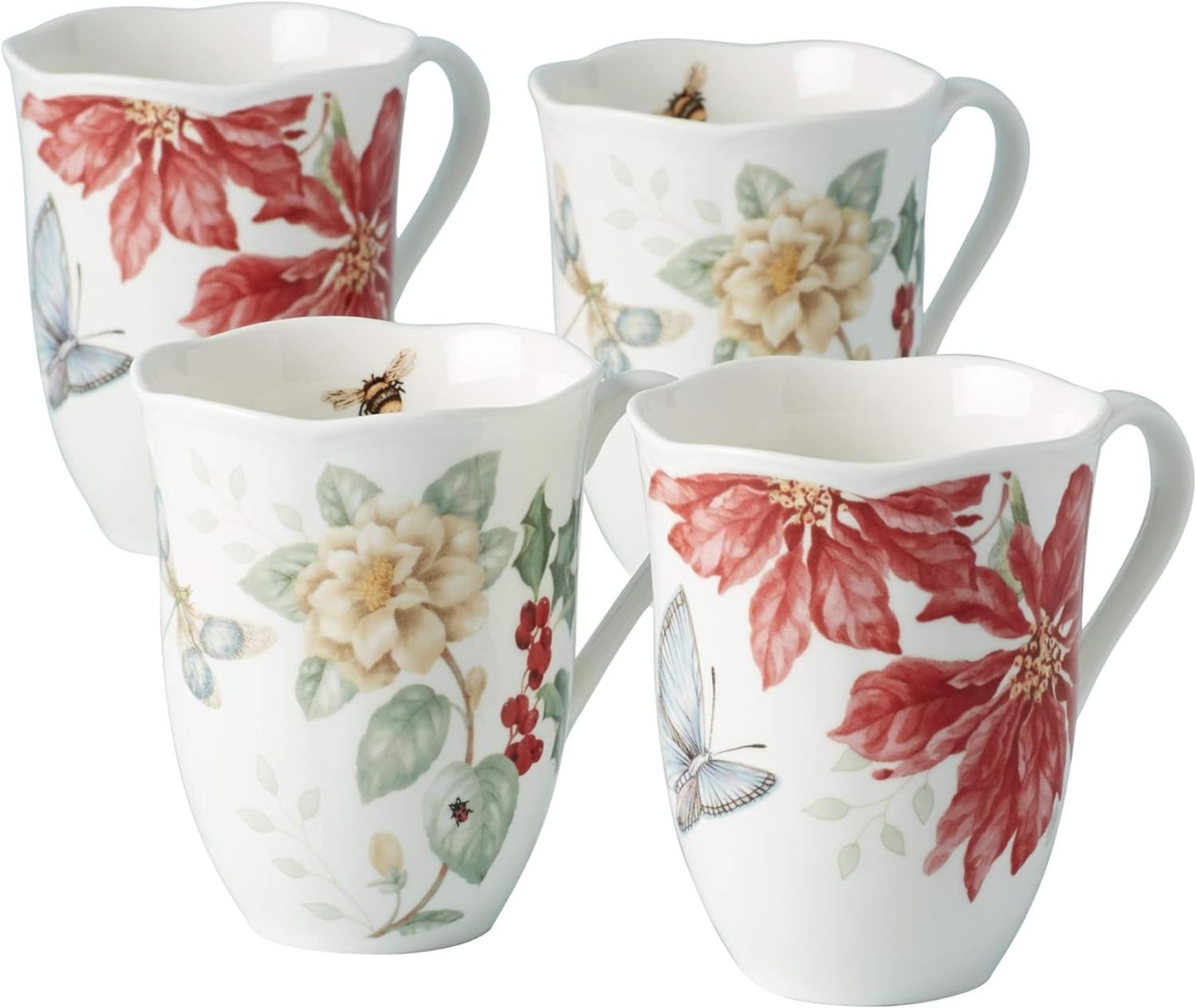 Lenox Butterfly Meadow Holiday Mugs, White Porcelain Body With Mult