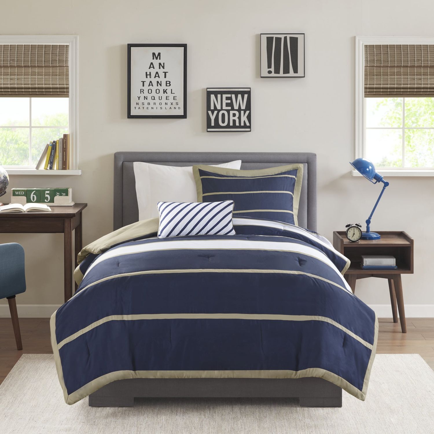 Mi Zone Twin/Twin XL Striped Child Comforter Set with Decor Pillow 3-Piece All Season Boy Bedding Set, Khaki/Navy