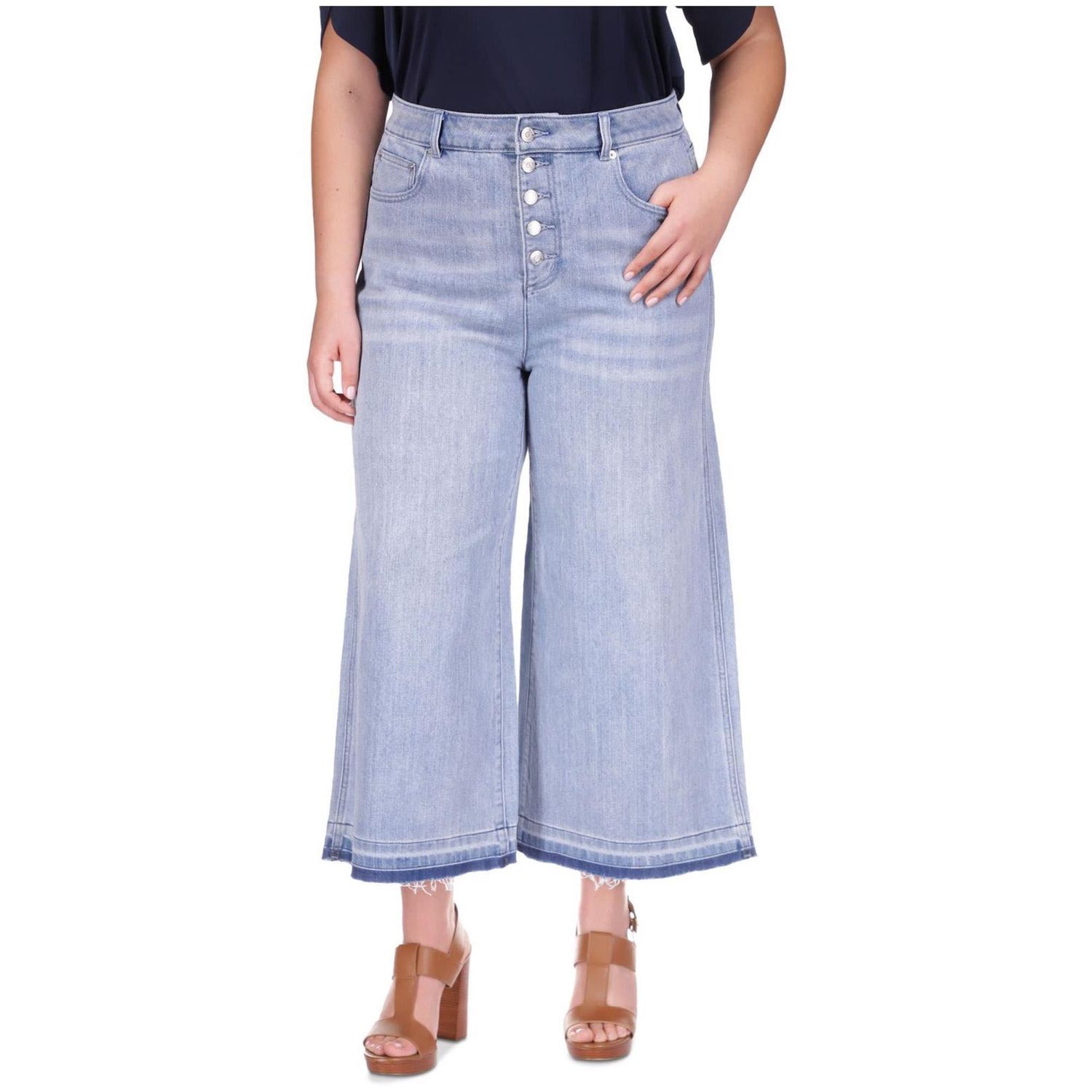 Michael Kors Womens Frayed Hem Cropped Flared Jeans, Blue, Plus Size, 18W
