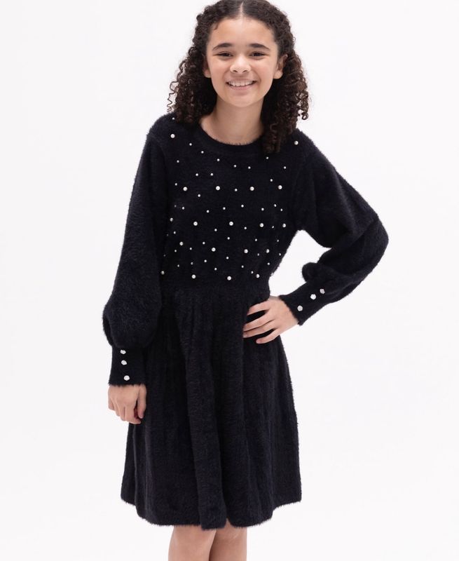 Rare Editions Big Girls Imitation-Pearl Embellished Sweater Dress - Black
