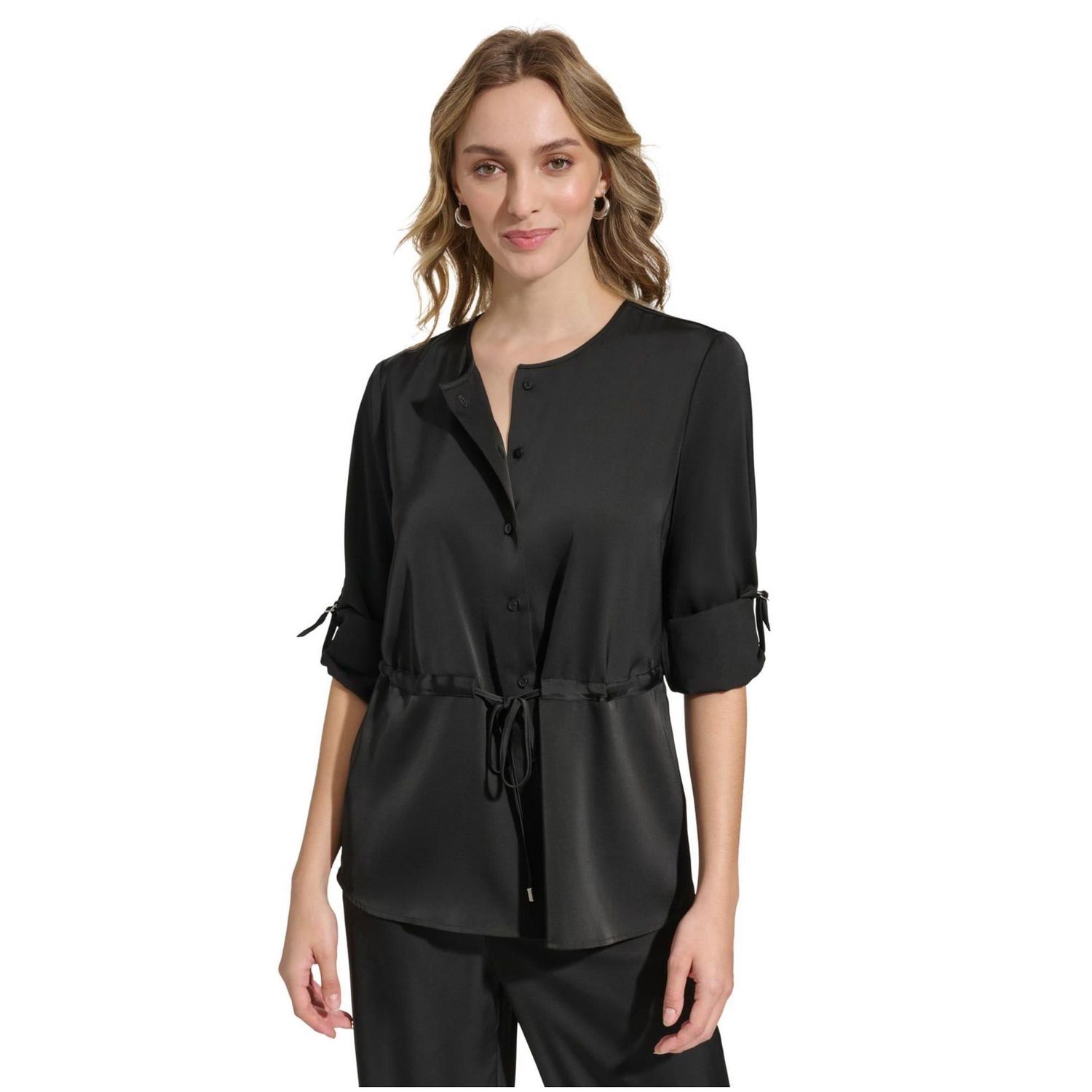 Calvin Klein Women&#39;s Satin Drawstring-Waist Button Front Blouse - Black