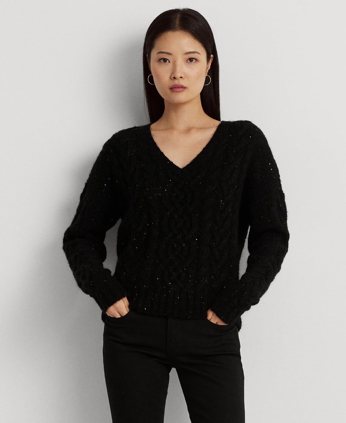 Lauren Ralph Lauren Women&#39;s Sequined Wool-Blend Aran-Knit Sweater - Black