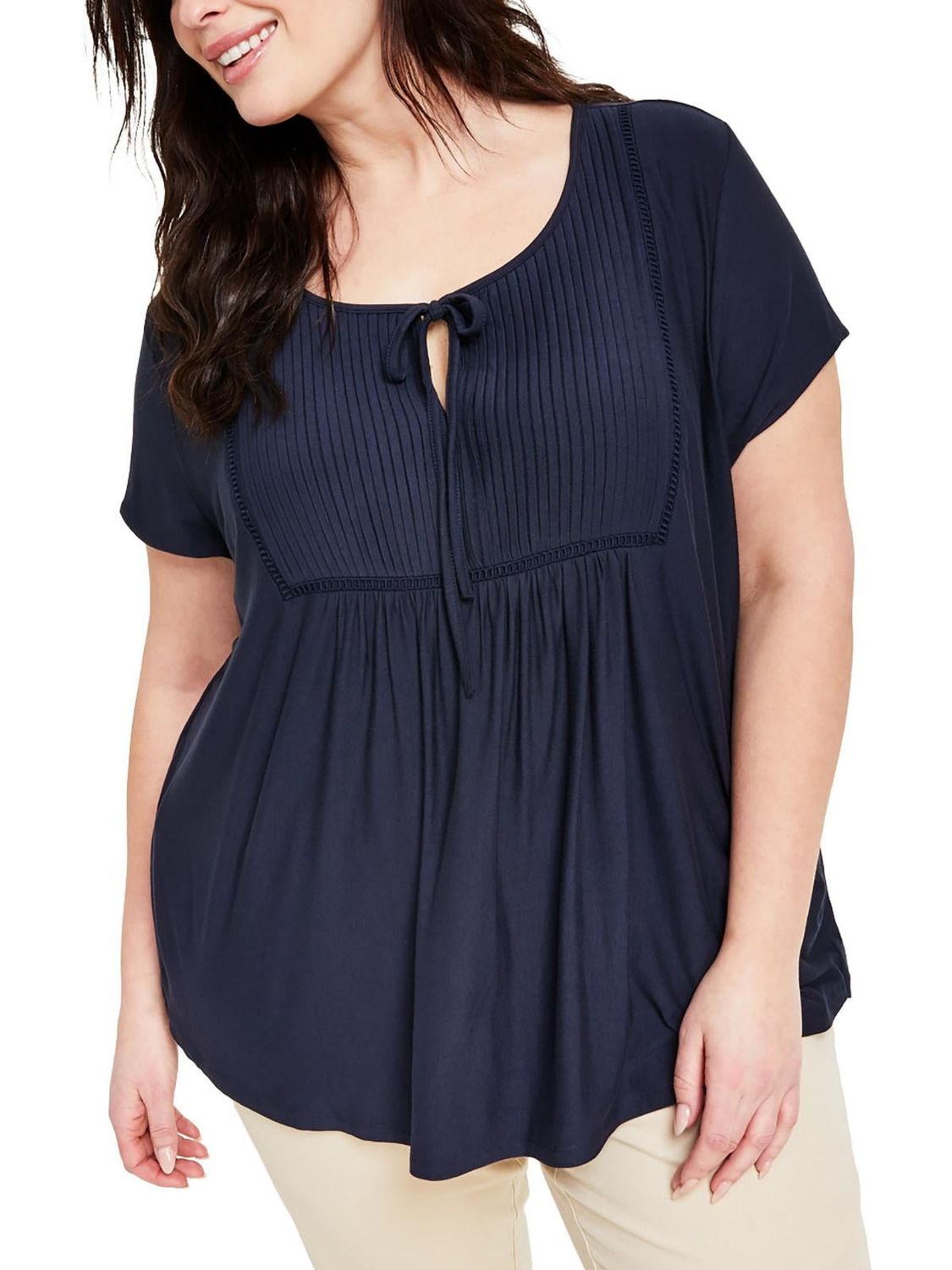 Tommy Hilfiger Womens Plus Charlotte Crinkled Ladder Stitch Peasant Top