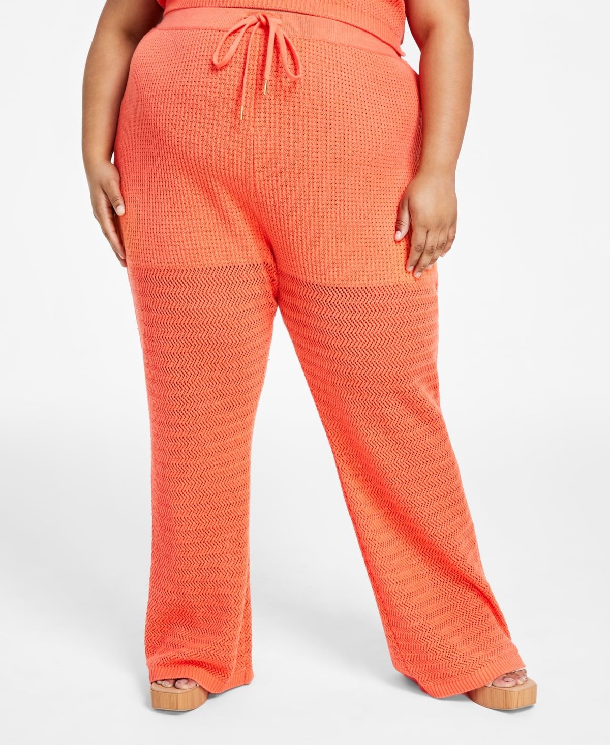 Nina Parker Trendy Plus Size High-Rise Crochet Pants - Living Coral