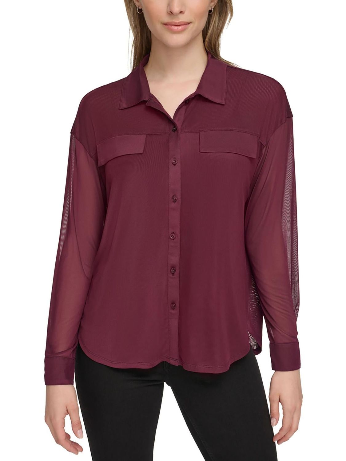 Calvin Klein Womens Mesh Long Sleeve Button-Down Top