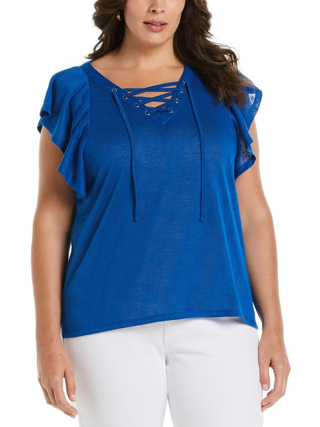 Ella Rafaella Plus Size Lace-up Flutter Short Sleeve Top - Princess Blue