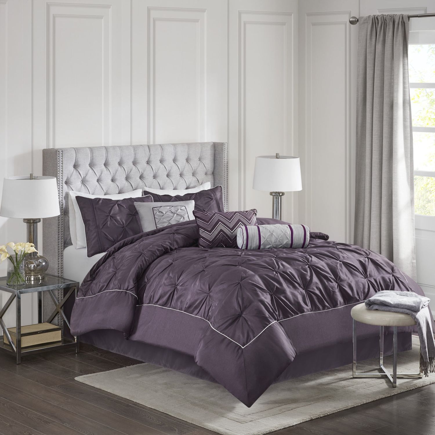 Madison Park Full Comforter Sets, 7-Piece Tufted Pintuk Bed in a Bag Bed Set, Satin Luxury Plum Comforter Bedding Set with Decor Pillow