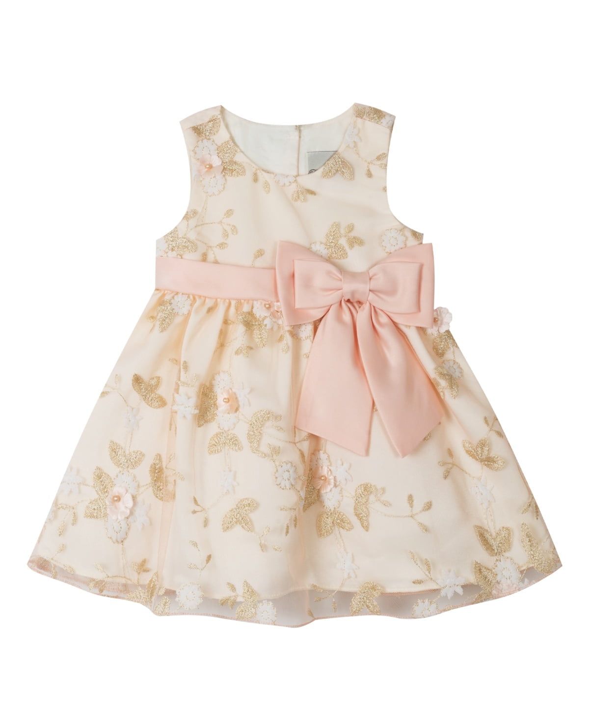 Rare Editions Baby Girls Embroidered Mesh Sleeveless Dress with Bow - Peach