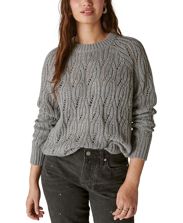 Lucky Brand Women’s Shine Cable Knit Crewneck Sweater, Heather Grey, Medium