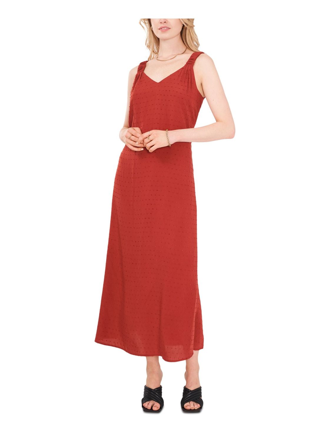 VINCE CAMUTO Womens Orange Gathered Pullover Side Slits Sleeveless V Neck Maxi Shift Dress XS