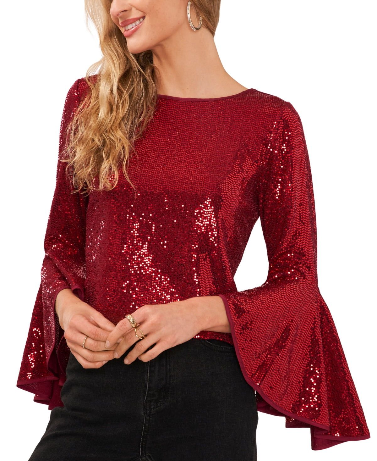 Vince Camuto Metallic Knit Flutter Sleeve Top - Ultra Red