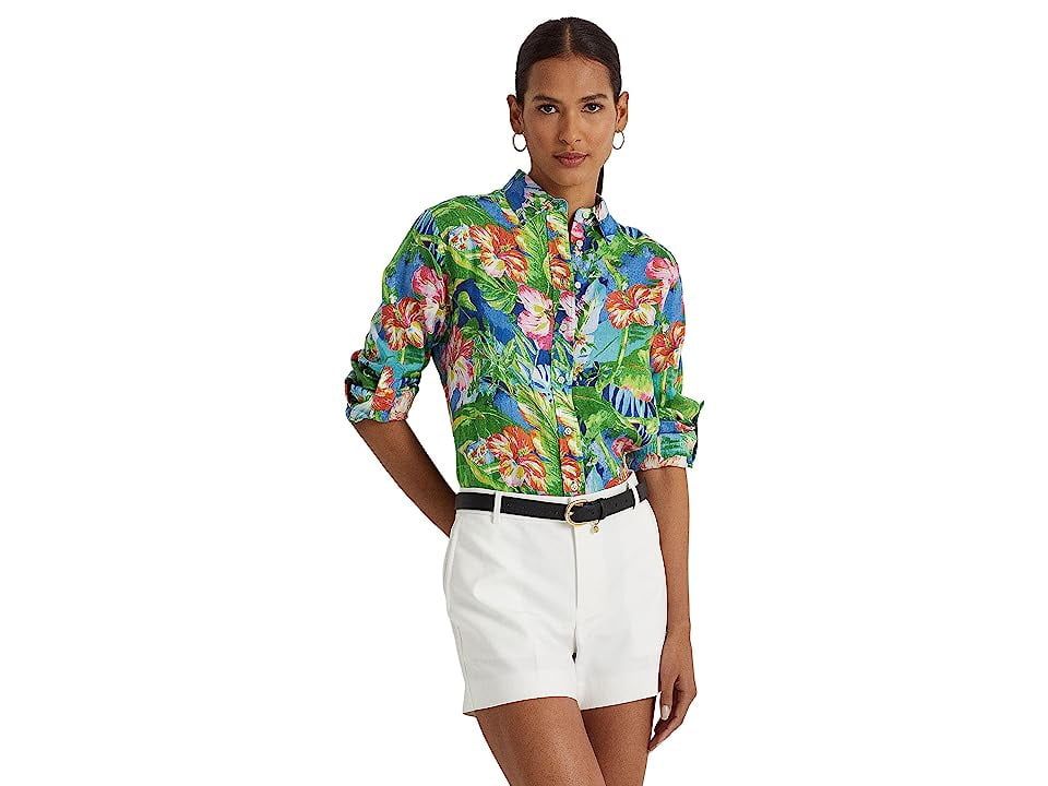 LAUREN Ralph Lauren Petite Floral Linen Shirt (Green/Blue Multi) Women&#39;s