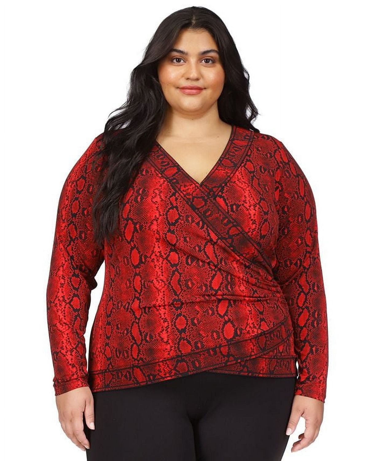 Michael Kors Plus Size Snakeskin-Print Crossover Border Top – Crimson, 2X