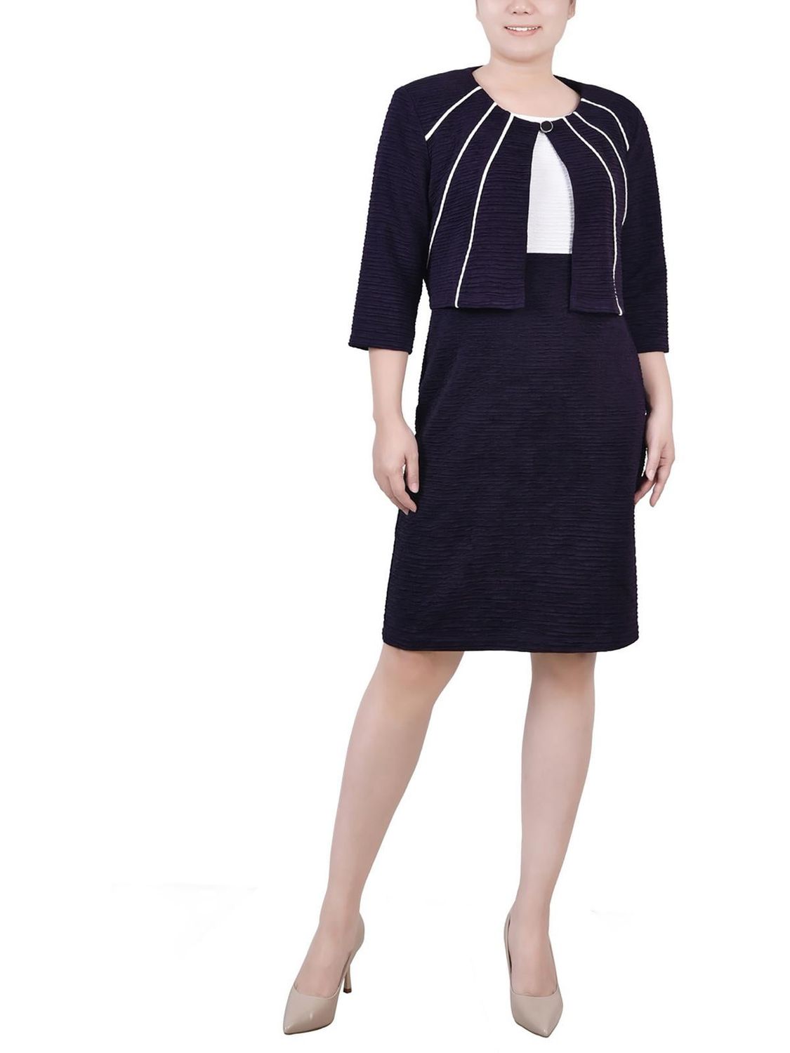 Ny Collection Petite Two Piece Jacket and Dress Set - Eggplant