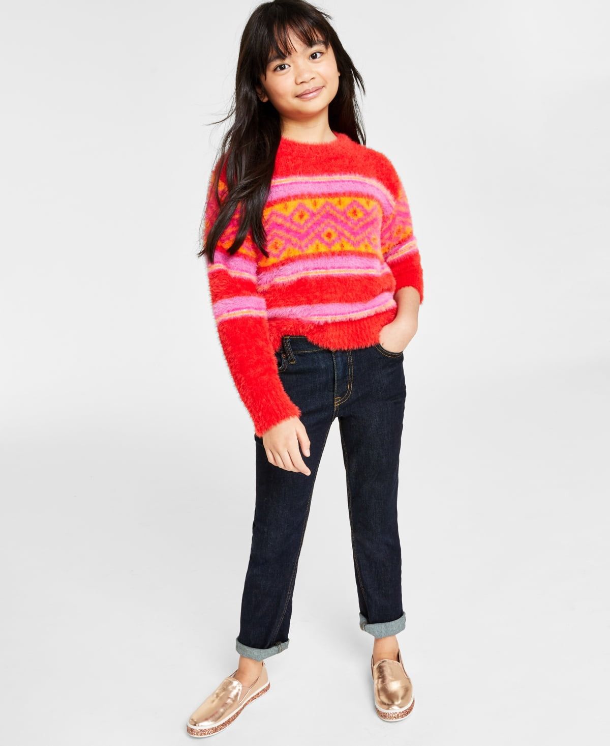 Holiday Lane Big Girls Fair Isle Crewneck Long-Sleeve Sweater, - Bright Ruby