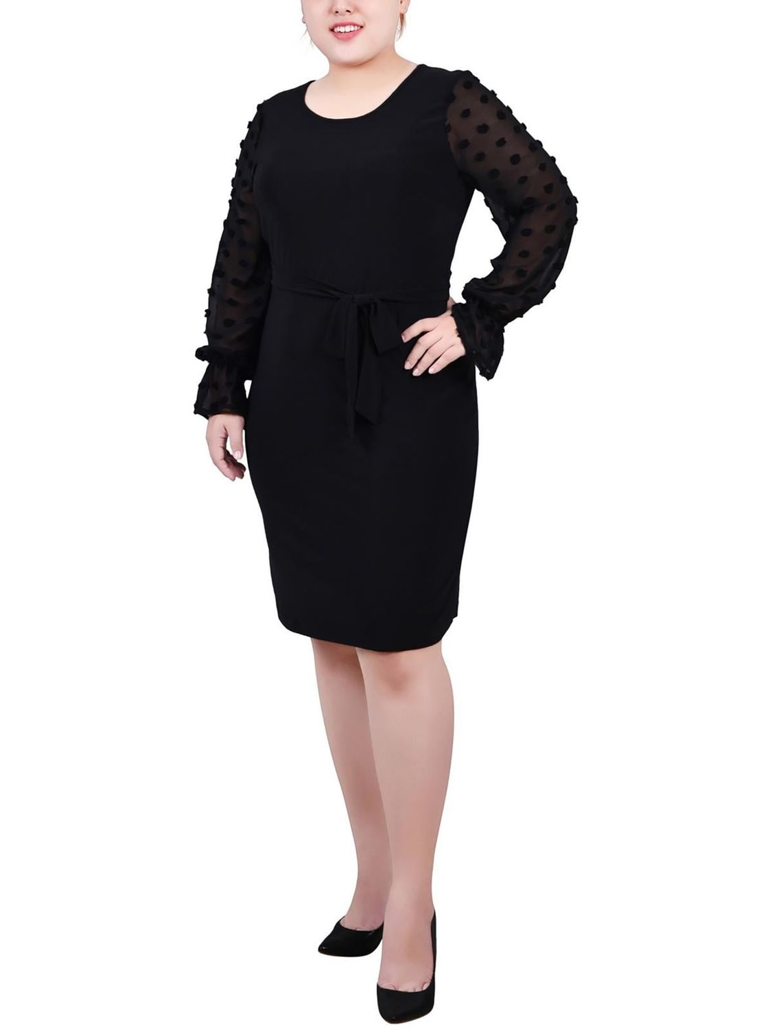 Ny Collection Plus Size Long Chiffon-Sleeve Knit Dress - Black