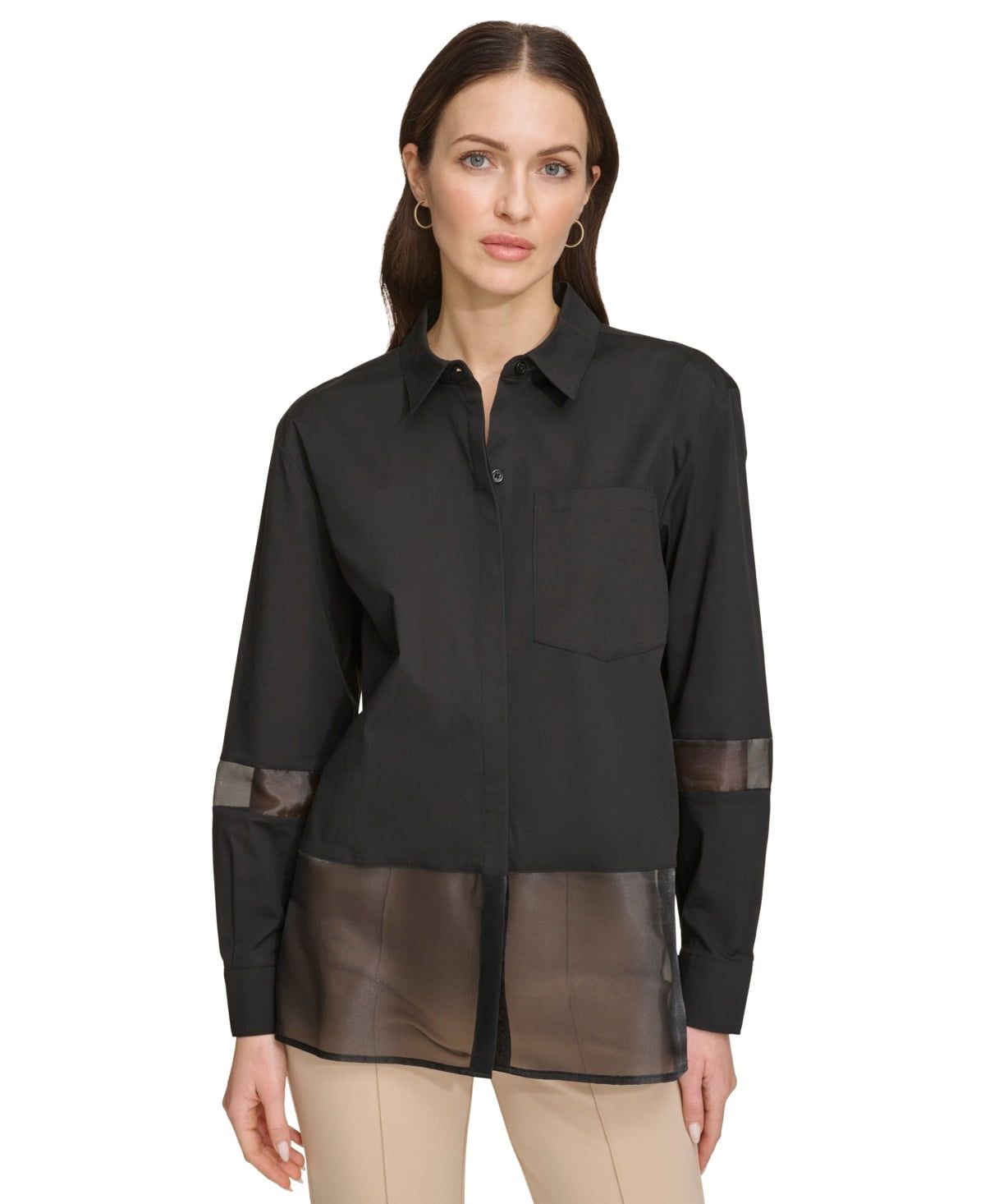 Dkny Women&#39;s Mixed Media Button-Front Shirt - Black