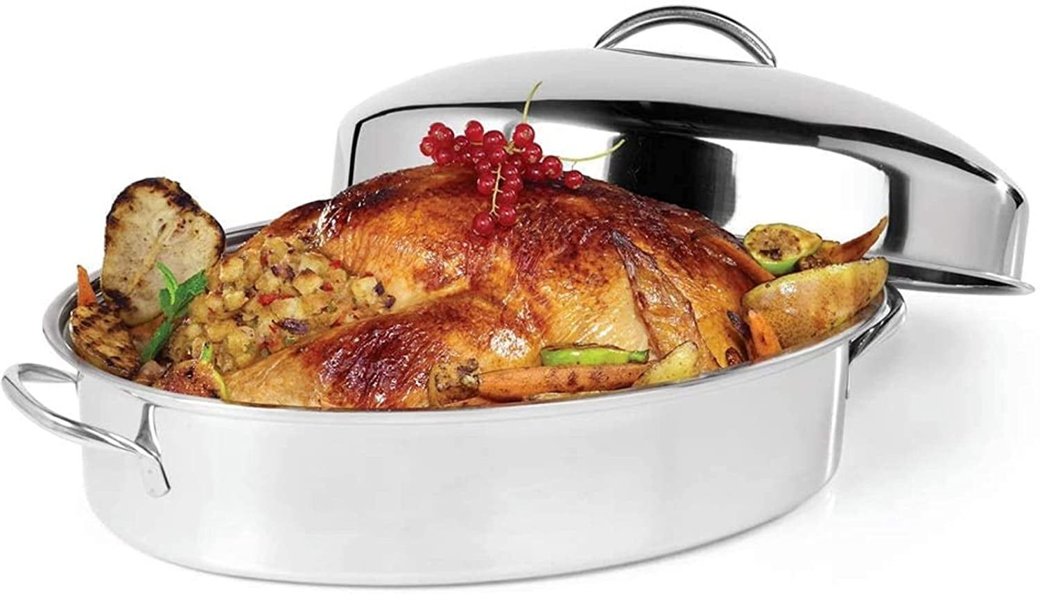 OVENTE Kitchen Oval Roasting Pan 16 Inch Baking Tray with Lid and Rack, Silver CWR32161S